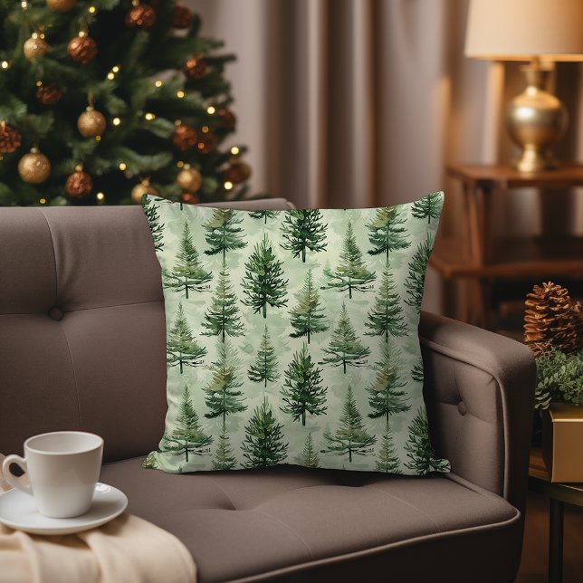 Watercolor Evergreen Pine Trees Rustic Christmas Throw Pillow (Watercolor Evergreen Pine Trees Rustic Christmas Throw Pillow)