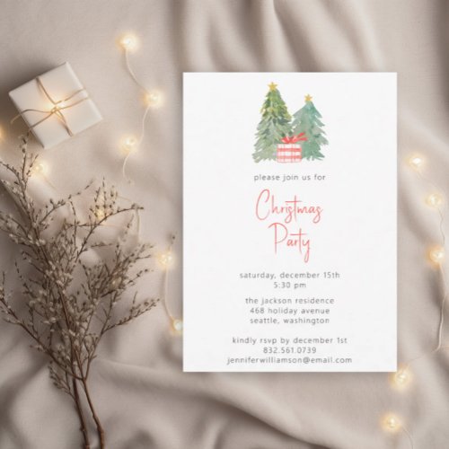 Watercolor Evergreen Tree Minimal Christmas Party Invitation