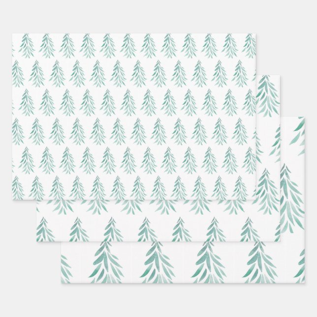 Watercolor Evergreen Trees Brushstrokes 3 Wrapping Paper Sheets (Set)