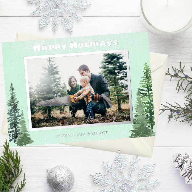 Watercolor Evergreen Trees Real Foil Holiday Card (Creator Uploaded)