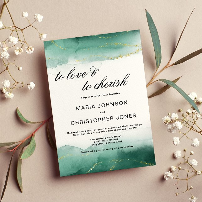 Watercolor evergreen white gold glitter wedding invitation (Watercolor evergreen white gold glitter wedding)