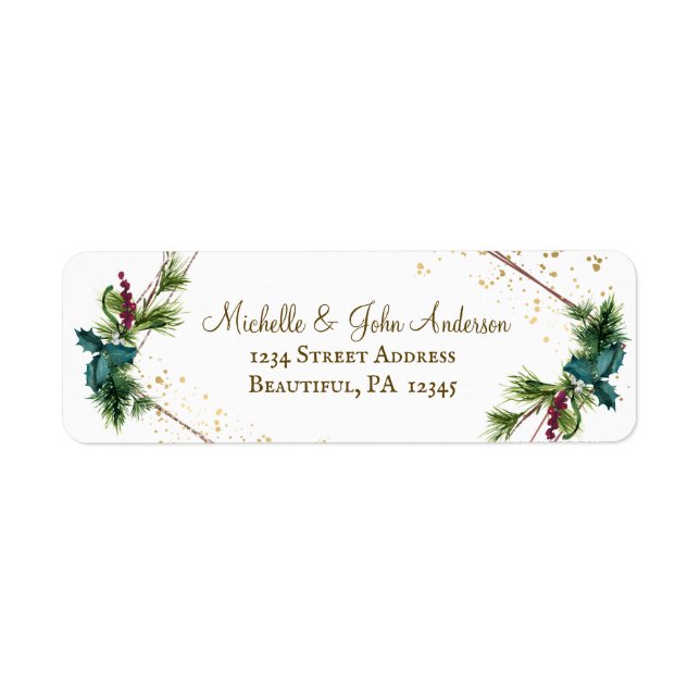 Watercolor Evergreens Gold Frame Christmas Label (Front)