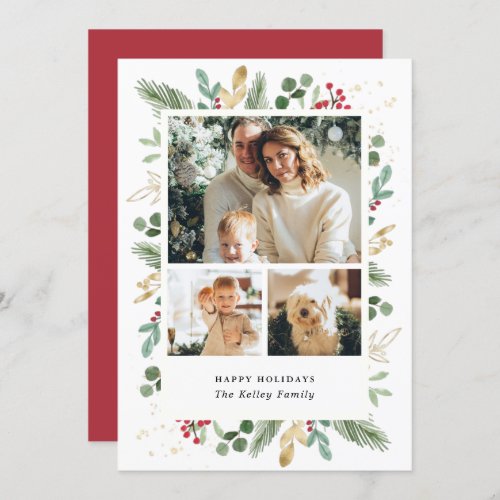 Watercolor Evergreens Green and Gold Three Photo Holiday Card