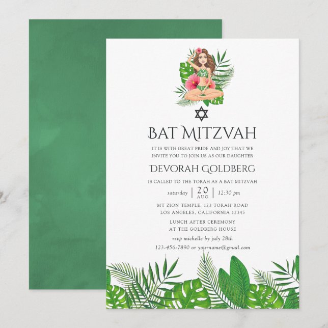Watercolor Exotic Aloha Luau Bat Mitzvah Invitation (Front/Back)