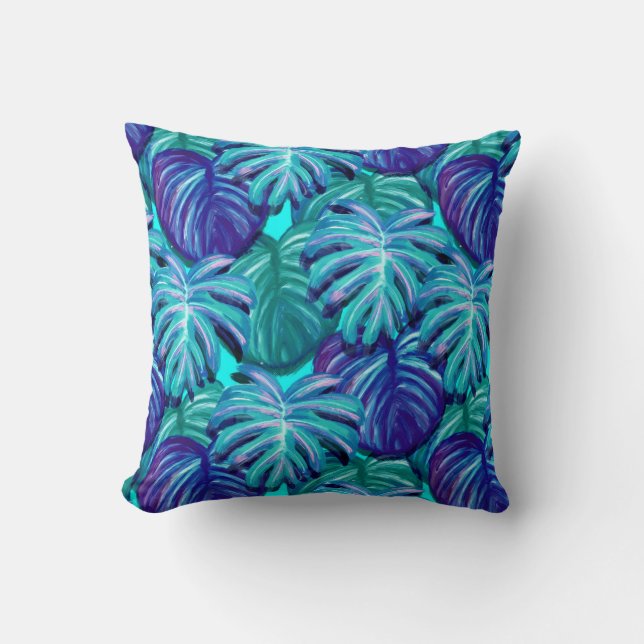 Watercolor Exotic Leaves Throw Pillow (Front)