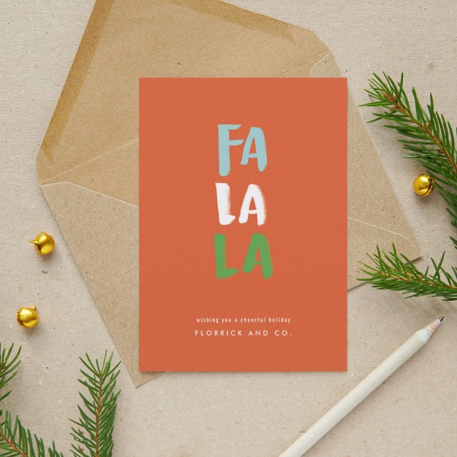 Watercolor Fa La La Red Holiday Christmas Card (Watercolor letters Fa La La in classic Christmas colors on a red background create this holiday card)