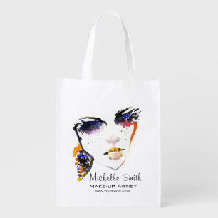 Watercolor face long lashes makeup artist branding grocery bag