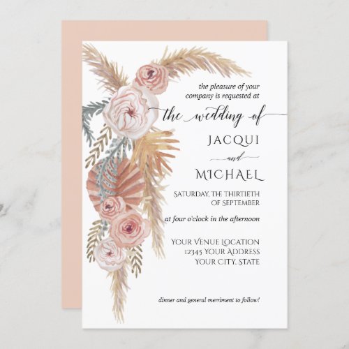 Watercolor Faded Floral BOHO Pampas Grass Foliage Invitation