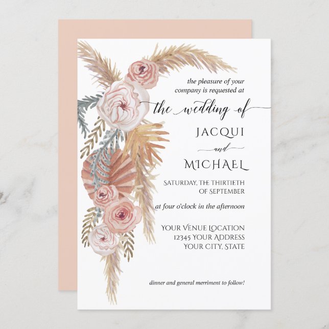 Watercolor Faded Floral BOHO Pampas Grass Foliage Invitation (Front/Back)