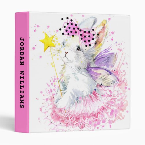 Watercolor Fairy Bunny  Add Your Name 3 Ring Binder