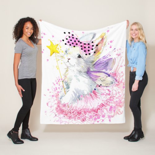 Watercolor Fairy Bunny Fleece Blanket