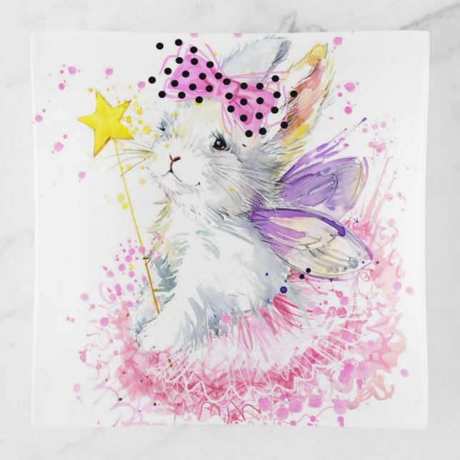 Watercolor Fairy Bunny Trinket Tray (Front)