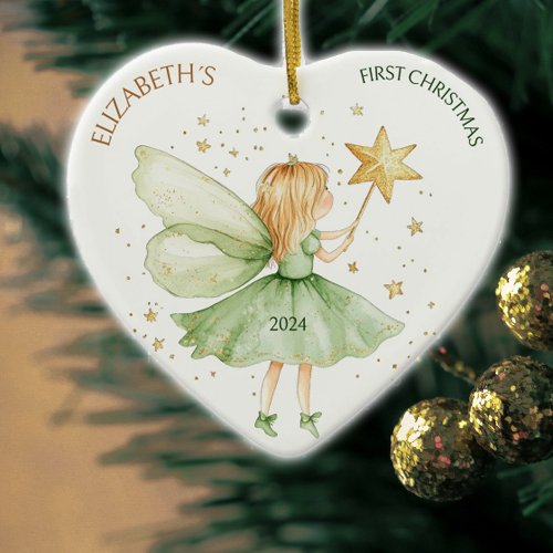 Watercolor Fairy Custom Girl First Christmas  Ceramic Ornament