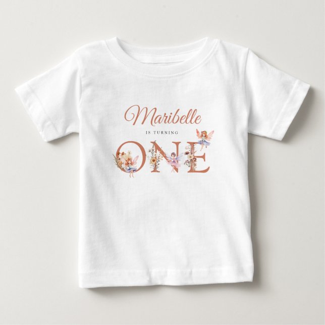 Watercolor Fairy Floral Fall Garden First Birthday Baby T-Shirt (Front)