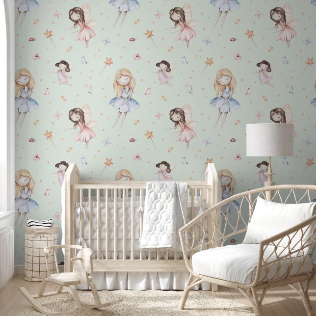 Watercolor Fairy Flowers Green Fairytale Nursery Wallpaper (Kids)