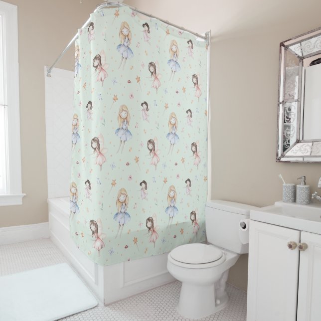 Watercolor Fairy Flowers Green Whimsical Fairytale Shower Curtain (In Situ)