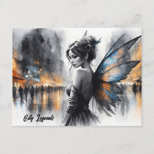 Watercolor fairy girl twilight magical night city postcard