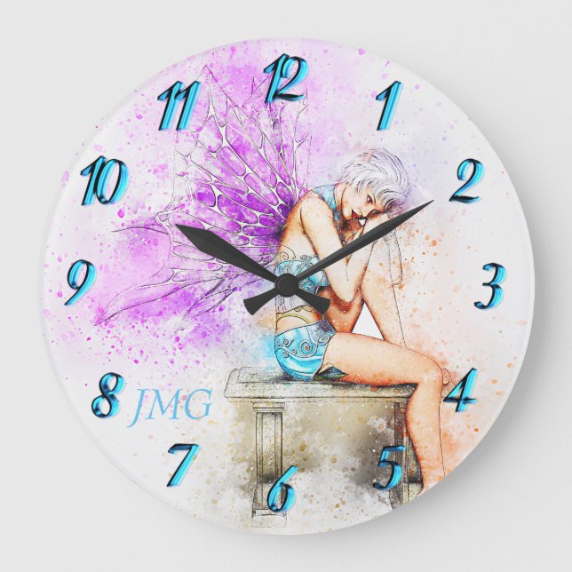 Watercolor Fairy in Blue with Monogram Large Clock (Front)
