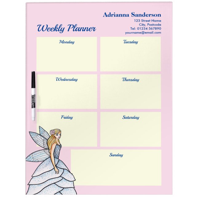 Watercolor Fairy Princess Fashion Weekly Planner Dry Erase Board (Front)