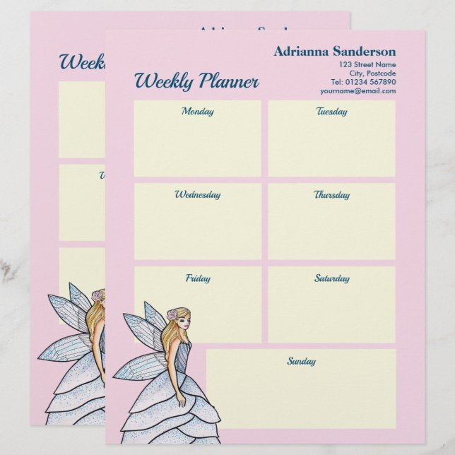 Watercolor Fairy Princess Fashion Weekly Planner Letterhead (Front/Back)