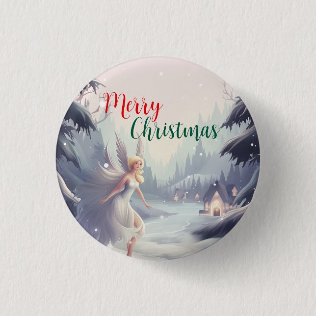 Watercolor fairy snowflake merry Xmas tree party Button (Front)