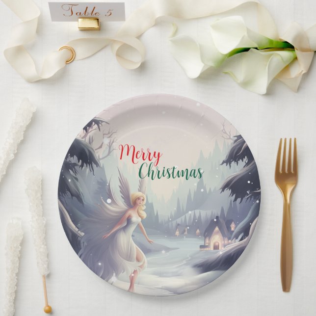 Watercolor fairy snowflake merry Xmas tree party Paper Plates (Wedding)