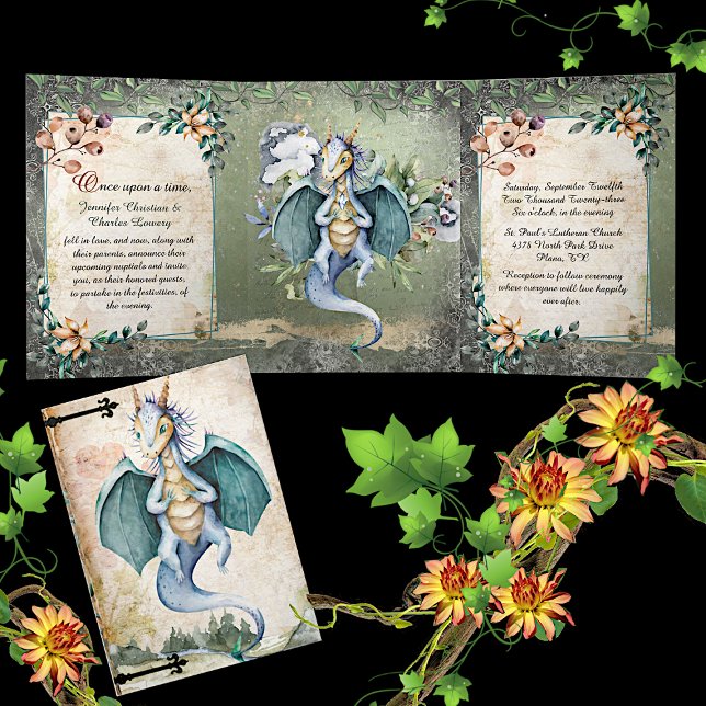 Watercolor Fairytale Dragon Wedding  Tri-Fold Invitation (Creator Uploaded)