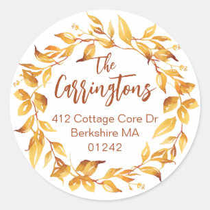 Watercolor Fall Atumn Leaves Wreath Return Address Classic Round Sticker