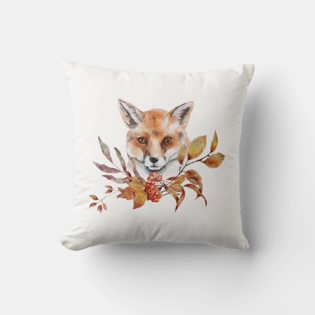 Watercolor Fall Autumn Foliage Red Fox Throw Pillow (Front)