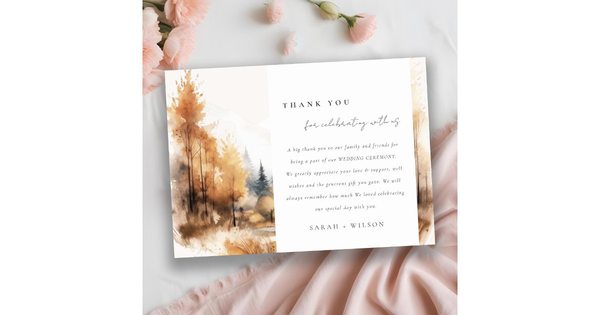 Watercolor Fall Autumn Landscape Wedding Details Thank You Card | Zazzle