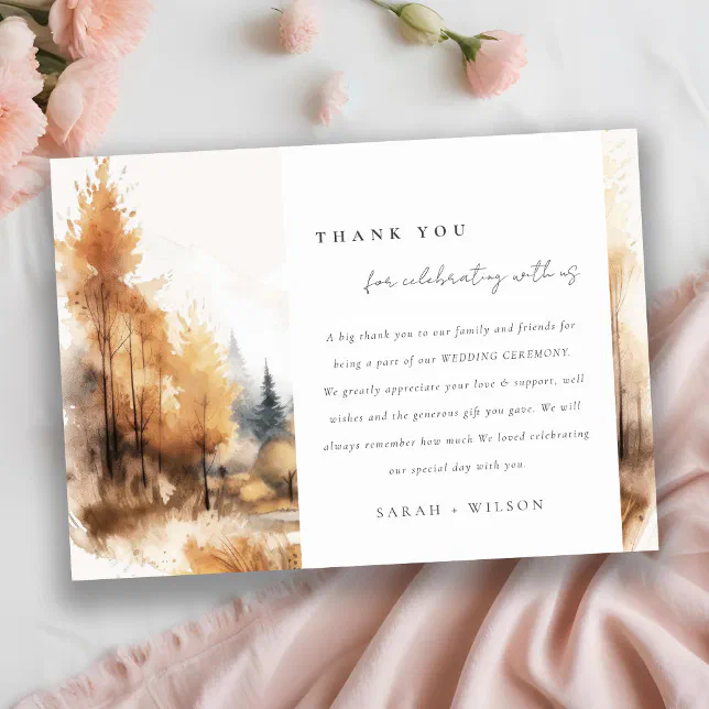Watercolor Fall Autumn Landscape Wedding Details Thank You Card | Zazzle