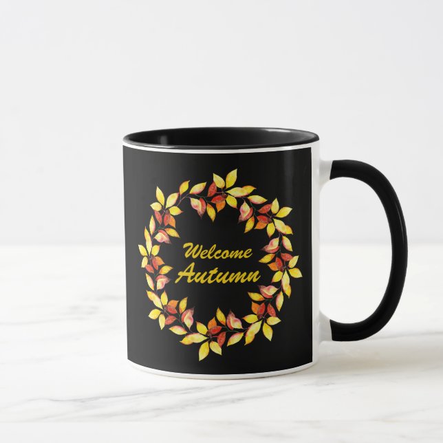 Watercolor Fall Autumn Leaves Black Mug (Right)