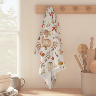 Watercolor Fall Autumn Leaves Mushroom Pumpkin  Kitchen Towel
