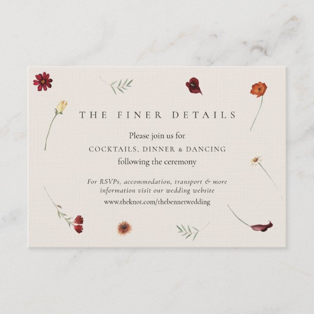  Watercolor Fall Autumn Wildflower Wedding Details Enclosure Card (Front)