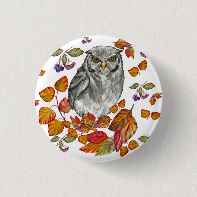 Watercolor fall beautiful owl and leaves button (Front)