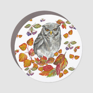 Watercolor fall beautiful owl and leaves button sq car magnet