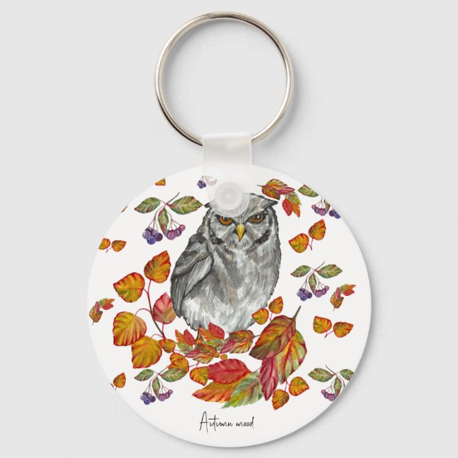 Watercolor fall beautiful owl and leaves coaster b keychain (Front)