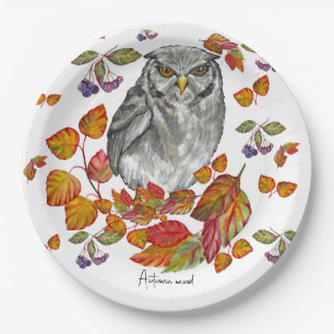 Watercolor fall beautiful owl and leaves paper plates