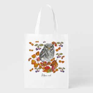 Watercolor fall beautiful owl and leaves T-Shirt Grocery Bag