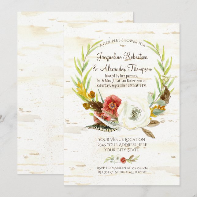 Watercolor Fall Boho Floral Feather Couples Shower Invitation (Front/Back)