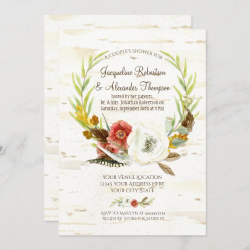 Watercolor Fall Boho Floral Feather Couples Shower Invitation