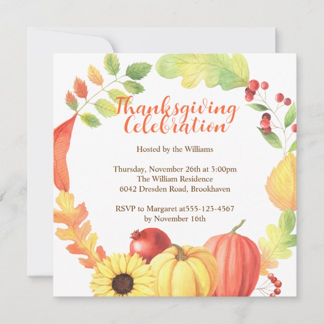 Watercolor Fall Bounty Wreath Pumpkin Thanksgiving Invitation (Front)