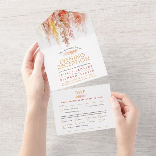 Watercolor fall brown evening reception wedding all in one invitation