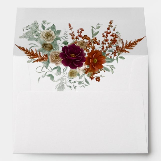 Watercolor Fall Burgundy & Rust Orange Floral Envelope (Back (Bottom))