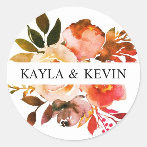 Watercolor Fall Burnt Orange Floral Wedding Classic Round Sticker