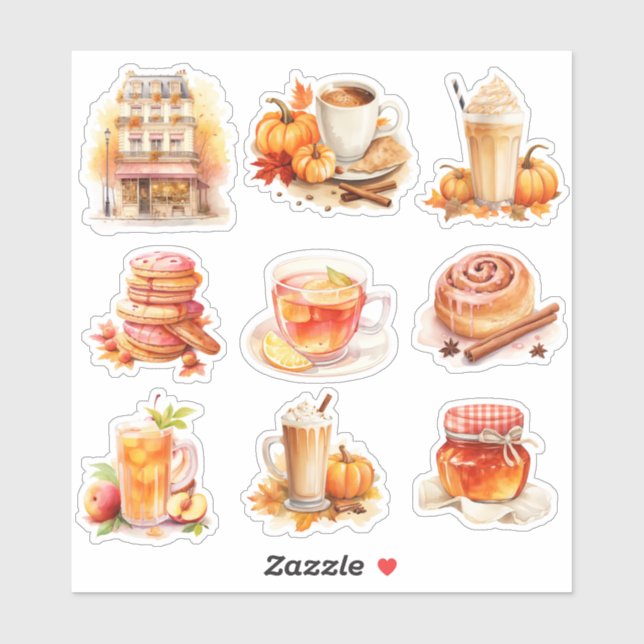 Watercolor Fall coffe shop scrapbook stationery Sticker (Sheet)