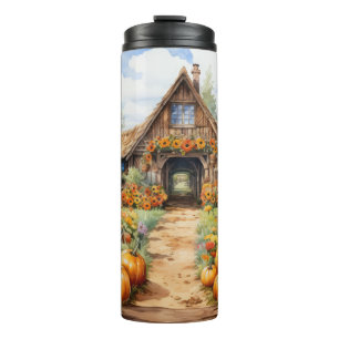 WATERCOLOR FALL COUNTRY BARN WITH PUMPKINS THERMAL TUMBLER