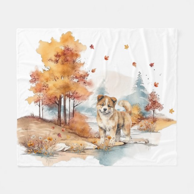 Watercolor Fall Dog Design- Akita Fleece Blanket (Front (Horizontal))