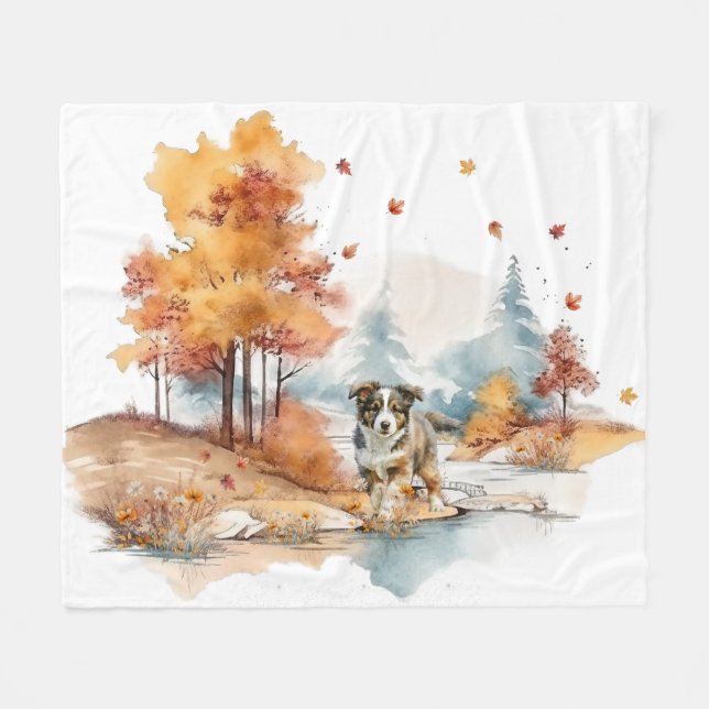 Watercolor Fall Dog Design- Australian Shepherd Fleece Blanket (Front (Horizontal))