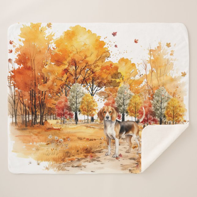 Watercolor Fall Dog Design- Beagle Sherpa Blanket (Front (Horizontal))